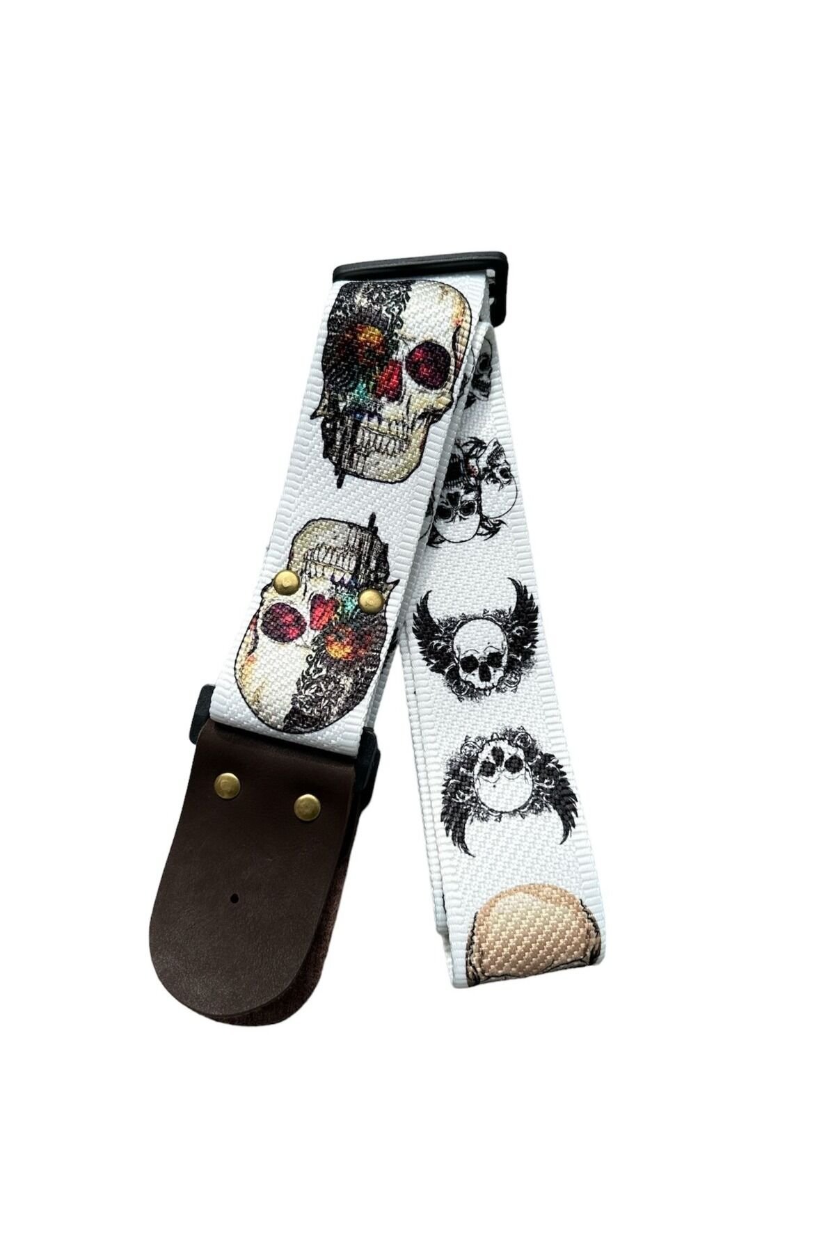 Beyaz Fon Kurukafa Desenli Tasarım Gitar Askısı