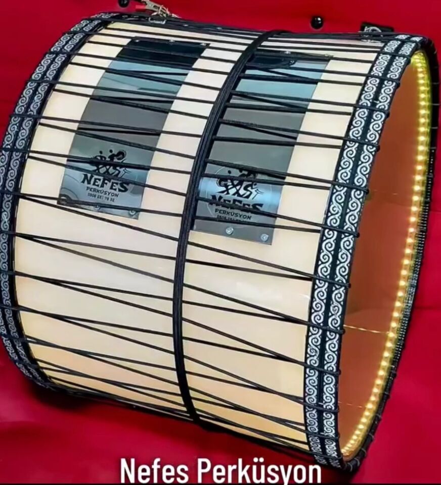 Siyah Deri Beyaz Şeffaf Kasnak İpli Asma Davul